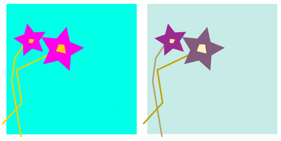 Til venstre et bilde av to rosa blomster med gule stilker mot turkis bakgrunn, til høyre det samme motivet i mer dempede fargetoner. Illustrasjon.