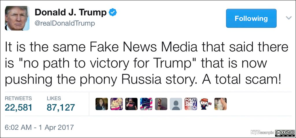 Skjermbilde av en Twitter-melding som daværende USA-president Donald Trump la ut i 2017, der han beskylder pressen for å drive med falske nyheter.