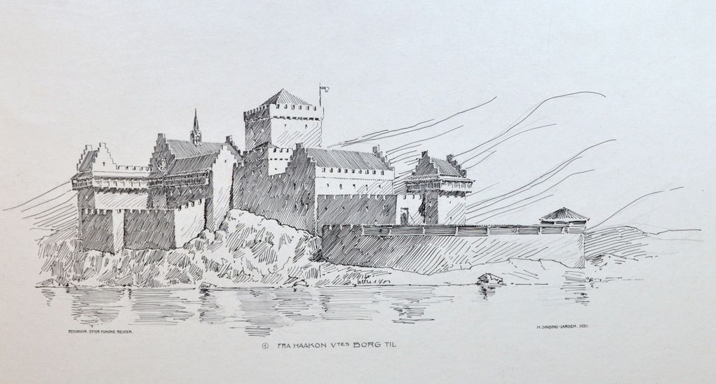 Akershus festning ca. år 1300. Tegning.