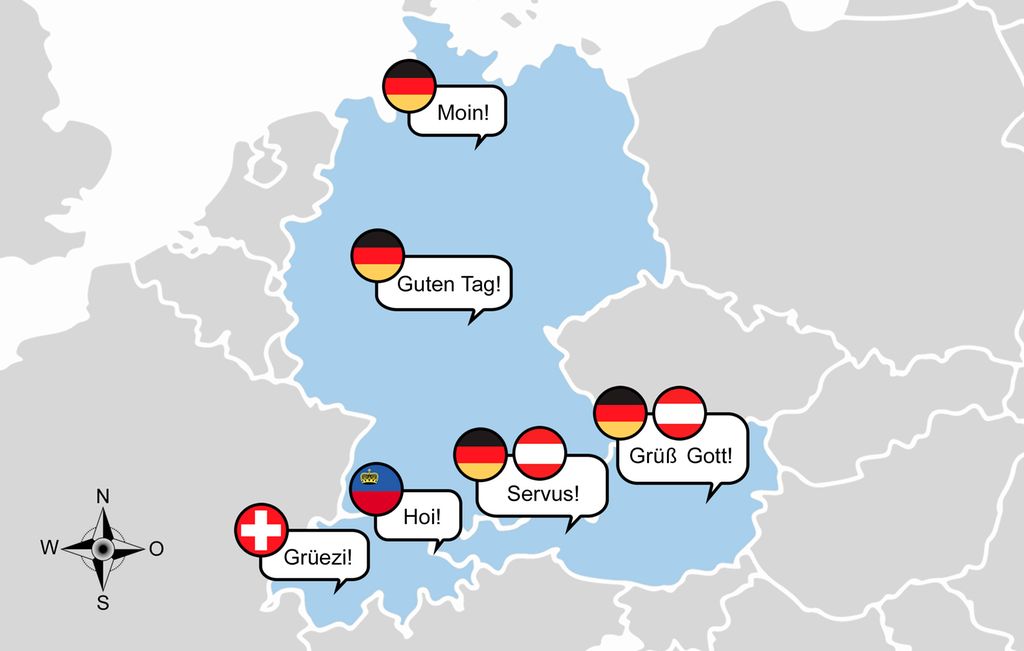 Kart med moin, guten Tag, grüezi, hoi, servus, grüss Gott. Illustrasjon.