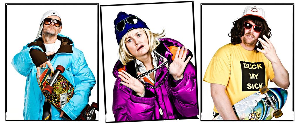 Kollasj med tre godt voksne mennesker i ungdommelig, hipt tøy. Foto.