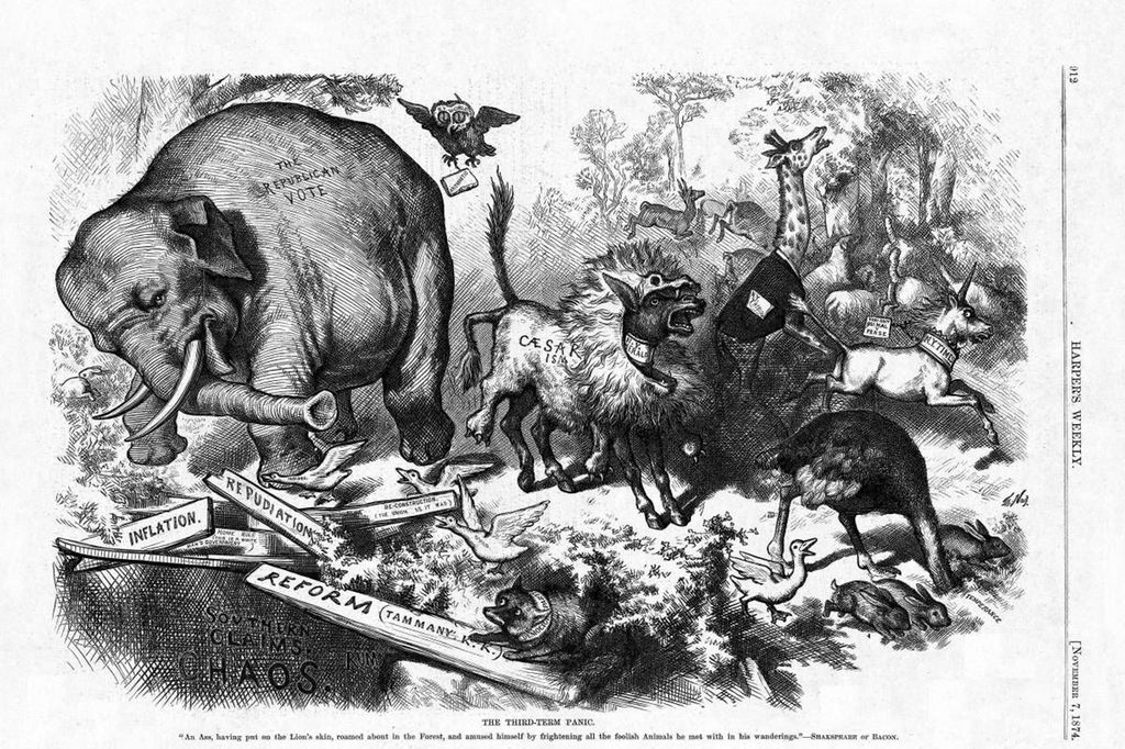 Various animals, among them an elephant which is scaring a donkey dressed in a lion costume. There are planks with words on them such as 'Reform', 'Inflation,' and 'Repudiation'. Cartoon. 