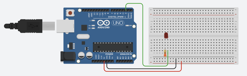 Arduino og koplingsbrett der det er påmontert en LED og en resistor. Det er kopla ledninger mellom Arduino og koplingsbrett. Bildet viser også strømskjemaet for koplinga. Skjermbilde.