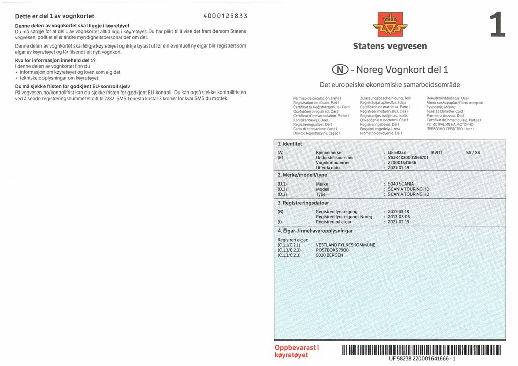 Vognkort til buss, side en og fire. Foto.