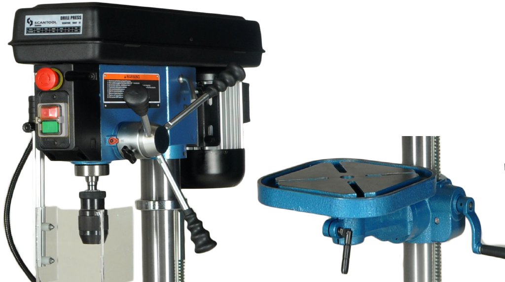 Kollasj som viser helbilde av en søyleboremaskin og nærbilder av arbeidsbord og girbokshus. Foto.