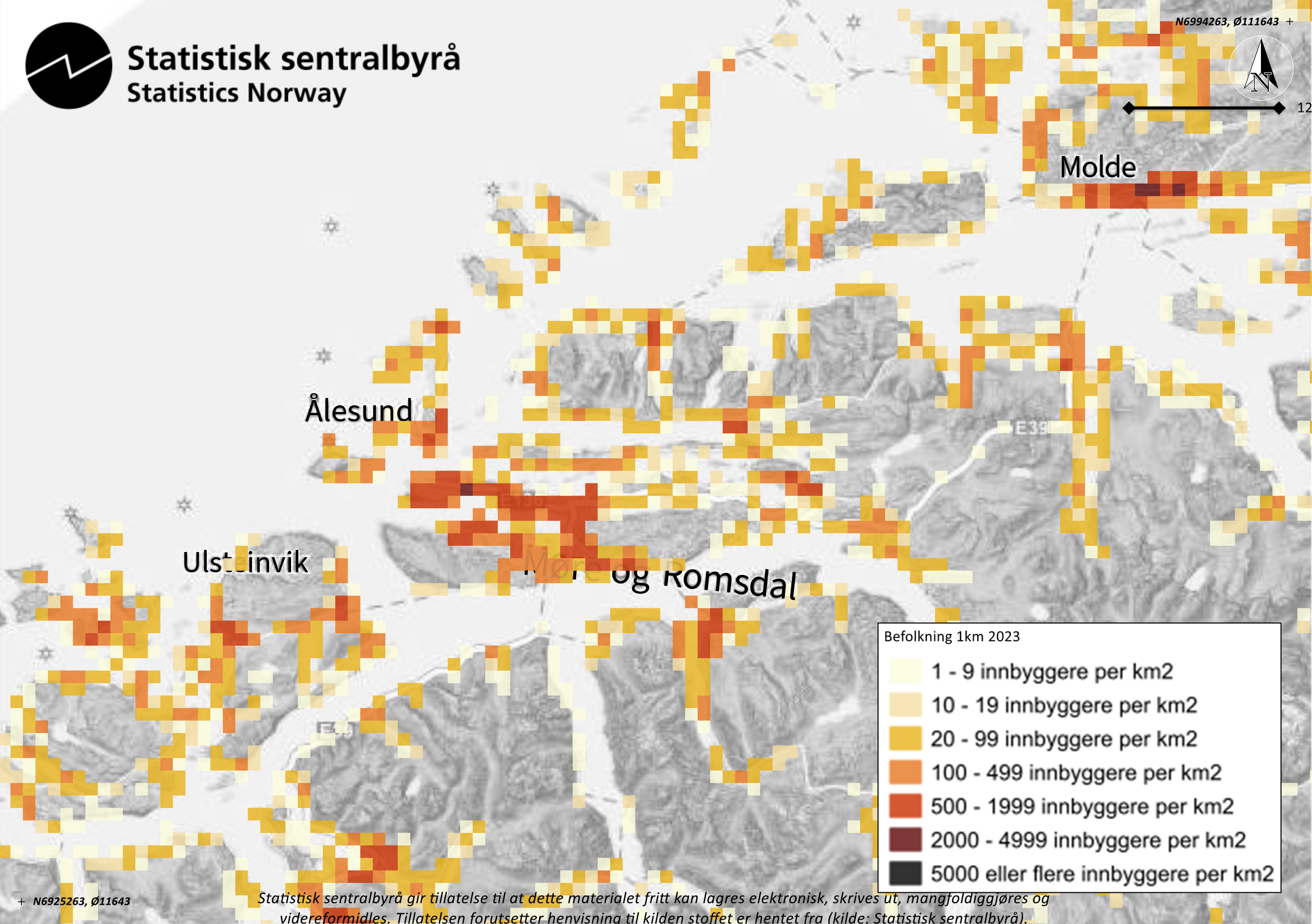 Kart over delar av kysten i Møre og Romsdal med kvadrat i ulike fargar som indikerer befolkningstettleik. Illustrasjon.