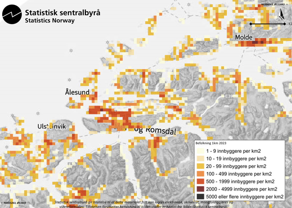 Kart over delar av kysten i Møre og Romsdal med kvadrat i ulike fargar som indikerer befolkningstettleik. Illustrasjon.