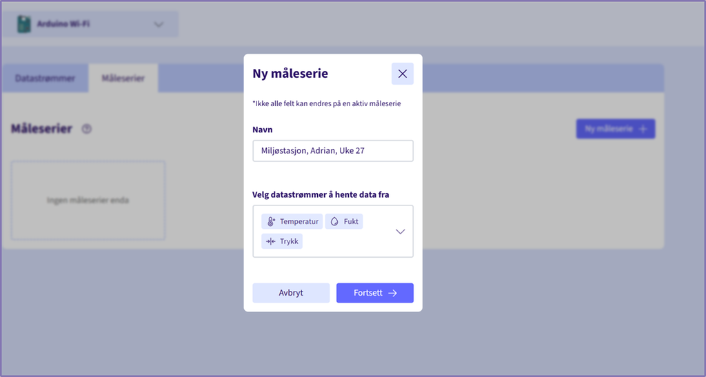 Skjermbilde fra programvaren Deploii som viser registrering av en måleserie. Det er et felt for å skrive inn navn og et felt hvor man kan velge blant datastrømmene Temperatur, Fukt og Trykk. Skjermutklipp.