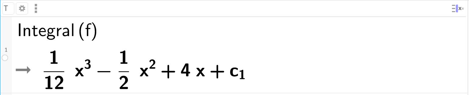 Beregning av det ubestemte integralet av funksjonen f i CAS. Skjermutklipp.