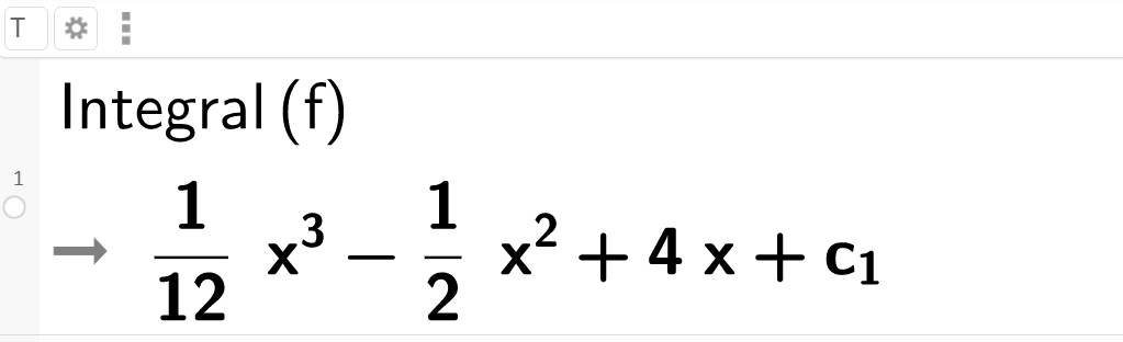 Beregning av det ubestemte integralet av funksjonen f i CAS. Skjermutklipp.