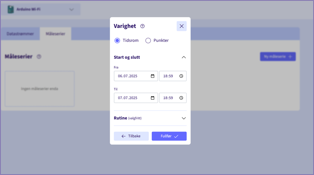 Skjermbilde av et utfyllingsskjema for varighet i programvaren Deploii. Det er valgt tidsrom i stedet for punkter og deretter start- og sluttidspunkter fra kalender- og klokkefunksjoner. Skjermutklipp.