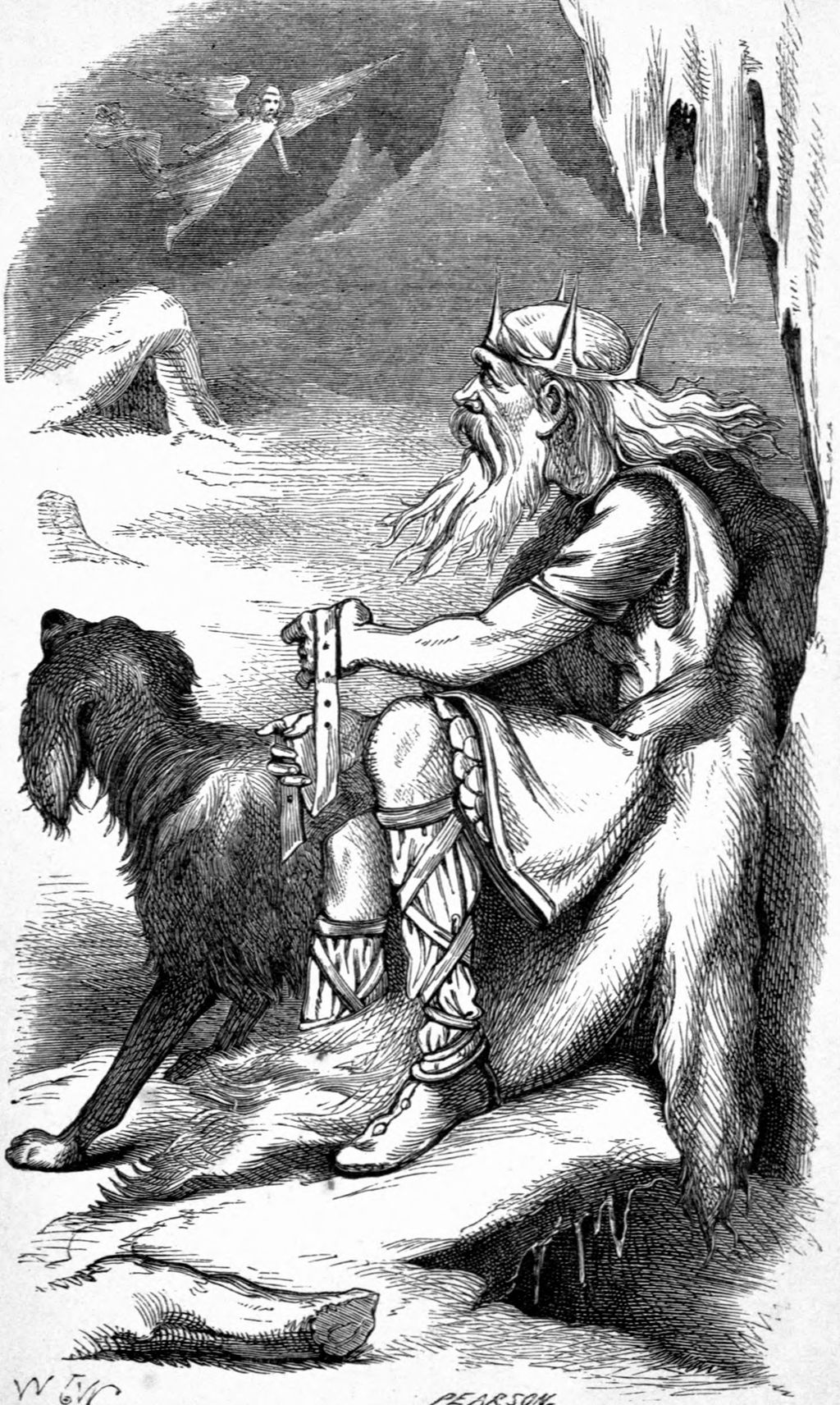 Jotnekongen Trym sitter og ser utover med hunden sin på siden. Gammel illustrasjon.
