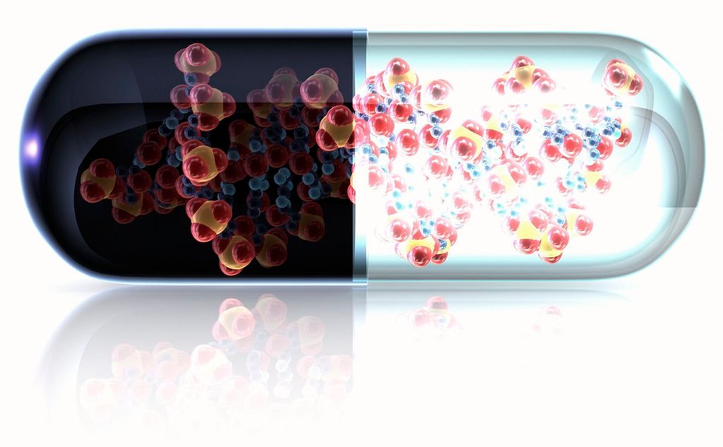 En pille som inneholder en DNA-heliks. Konseptuell illustrasjon av genterapi.