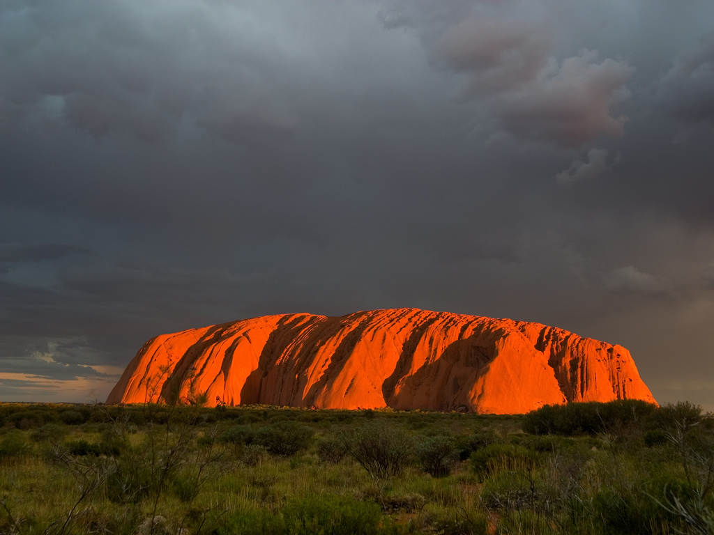 Uluru-fjellet i Australia ved solnedgang. Foto.
