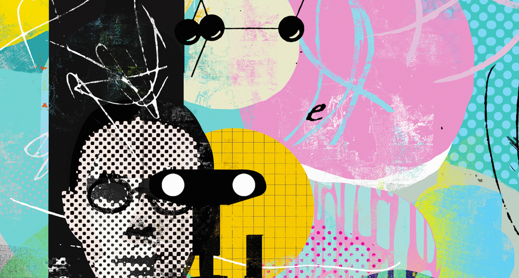 Ansikt med sorte prikker. Sterke farger med abstrakte figurer i bakgrunnen. Kollasj.