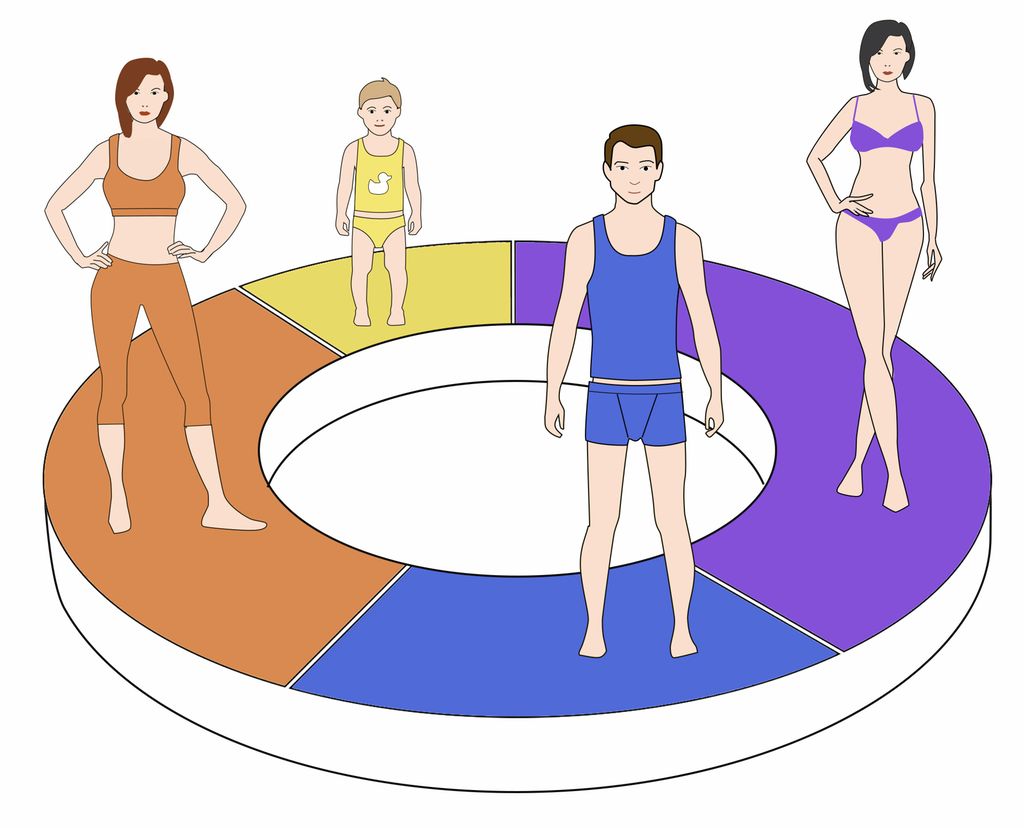 Sirkel delt i sektorer med ulik størrelse. Hver sektorbit representerer markedet til en bestemt type undertøy. Illustrasjon.