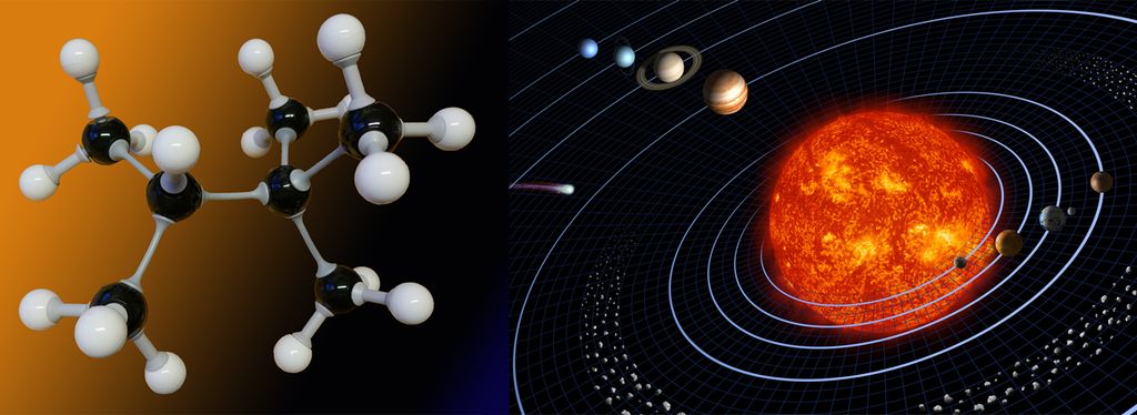 Modeller av universet og et molekyl. Illustrasjon.