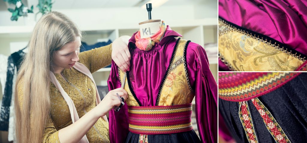 Syerske ferdigstiller en bunad plassert på en byste. Foto.