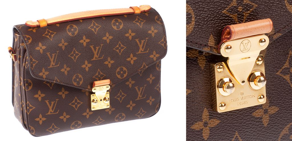 Veske frå Louis Vuitton med gullskrift. Foto.