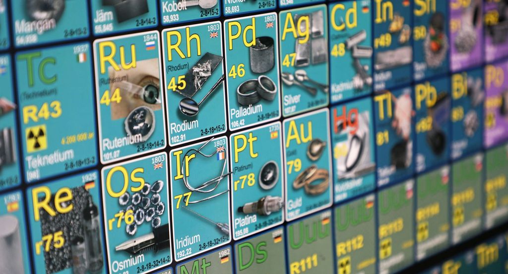 Utsnitt av illustrasjon av periodesystemet hvor hvert grunnstoff er representert med en gjenstand. Foto.