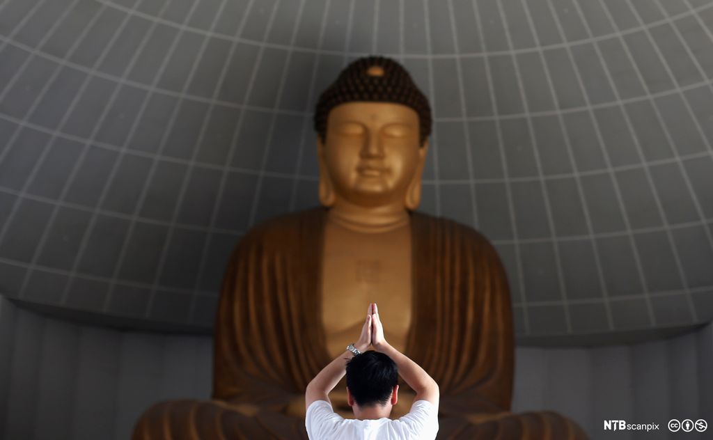 Mann står føre buddhastatue. Han held hendene over hovudet med handflatene mot kvarandre. Foto.