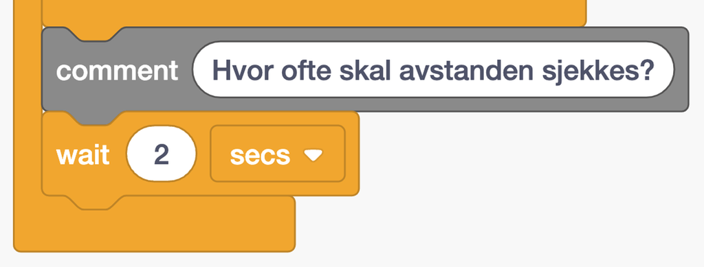 Programblokk for Arduino som viser WAIT-funksjonen. Her er verdien satt til 0,1 sekund. Illustrasjon