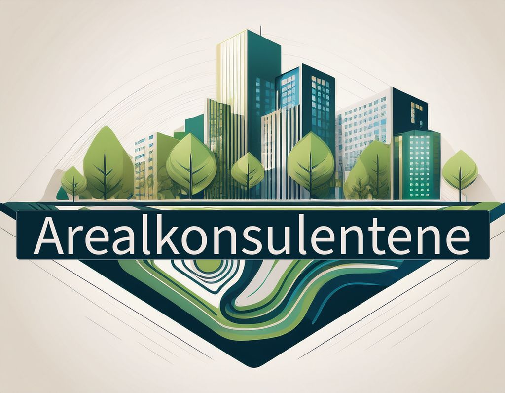 Logo med påskriften "Arealkonsulentene". Bak vises noen høye bygninger, trær og koter. KI-illustrasjon.