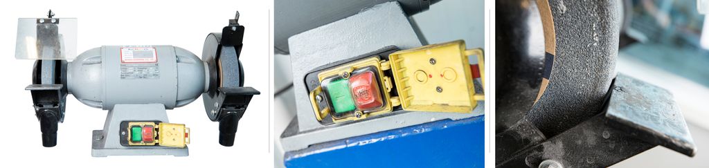 Tre bilete av ulike delar av ein benkslipar: først heile maskina, så ein raud og ein grøn brytar under eit gult deksel og til sist ein detalj på anlegg og slipeskive. Foto.