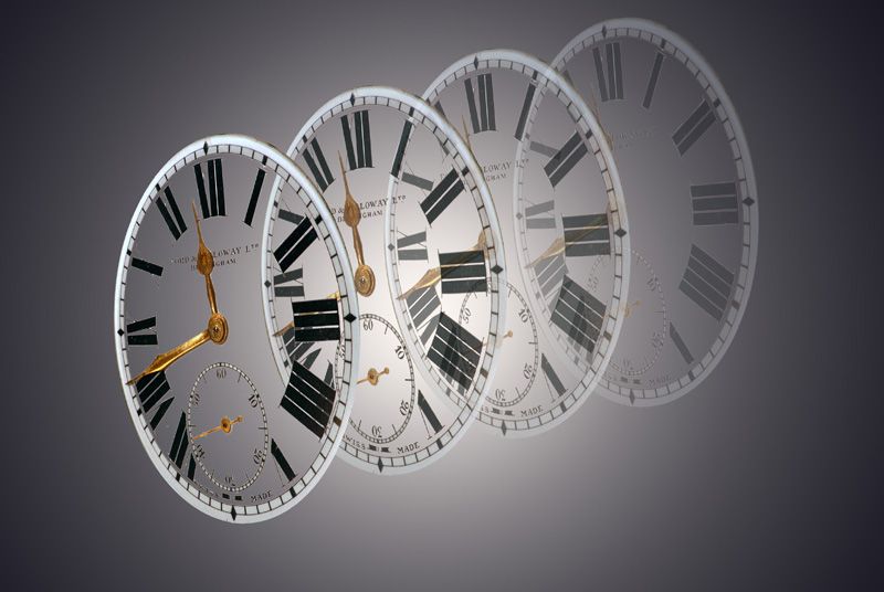 Clock faces gradually becoming more transparent. Illustration.