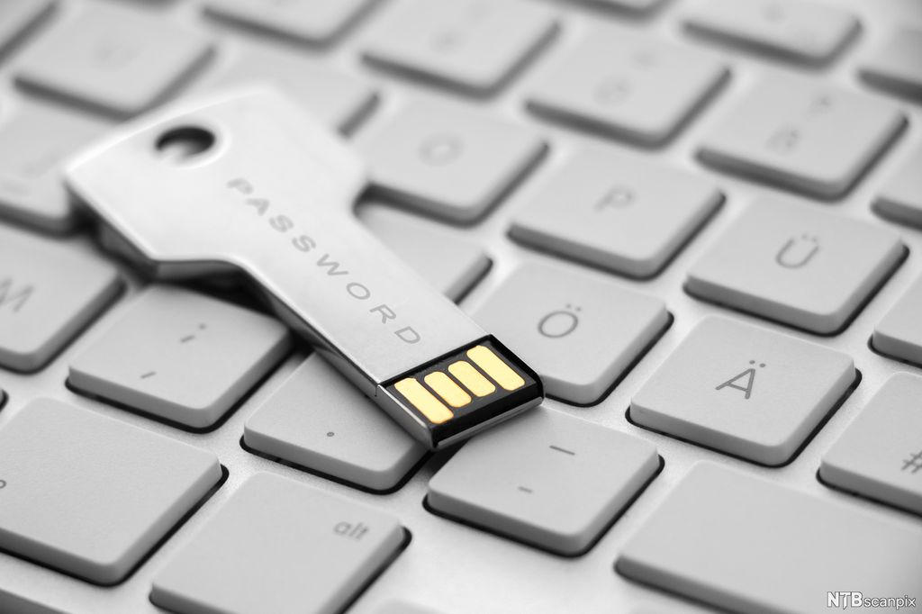 En fysisk autentiseringsnøkkel med USB-tilkobling i enden ligger på et tastatur. Den ser ut som en litt bred husnøkkel. Foto.