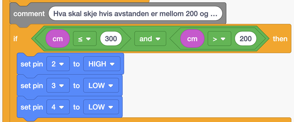 Kodeblokk som beskriver hvilke dioder som skal lyse basert på de ulike avstandene som måles. Illustrasjon.