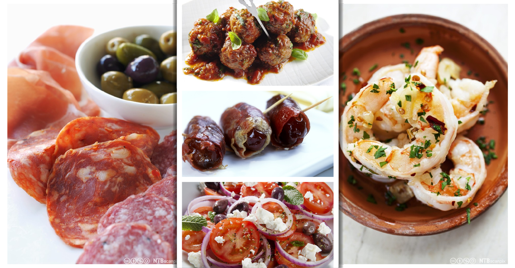 Kollasj av bilder av tapasretter som oppskåret spekemat, oliven, kjøttboller, bacondadler, salat og scampi. Foto.