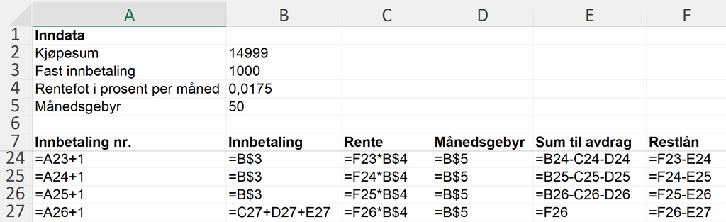 Eksempel på hvordan formelvisningen til regnearket til oppgave 1 c) kan se ut. Regnearket finnes i sin helhet i løsningsfila, som er lagt ved lenger ned på siden. Skjermutklipp.
