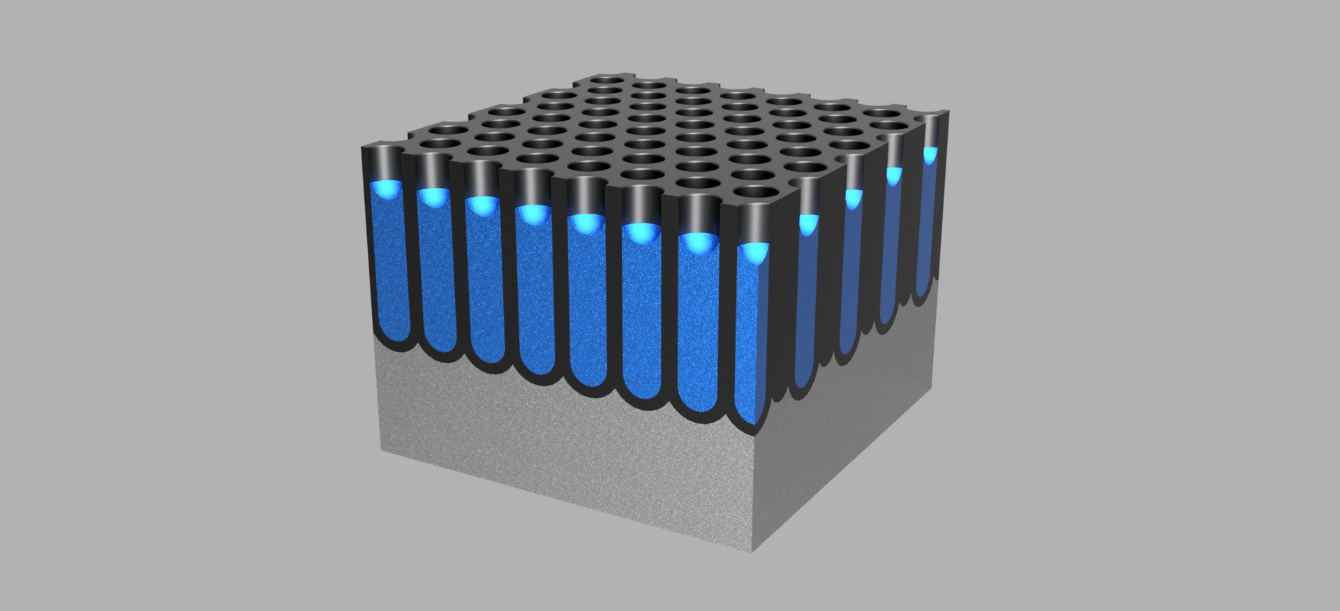 Rektangulær kloss med mange dype hull i overflata. Hulla er fylt opp nesten helt med blå farge. Illustrasjon.