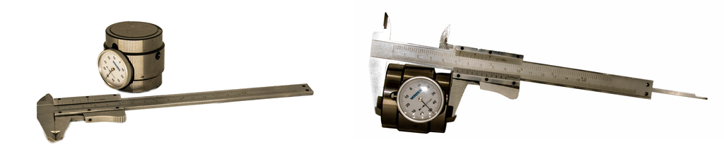 Kollasj av to bilder. Det ene bildet viser et måleur og et skyvelære, det andre bildet viser hvordan høyden på måleuret måles ved hjelp av skyvelæret. Foto.