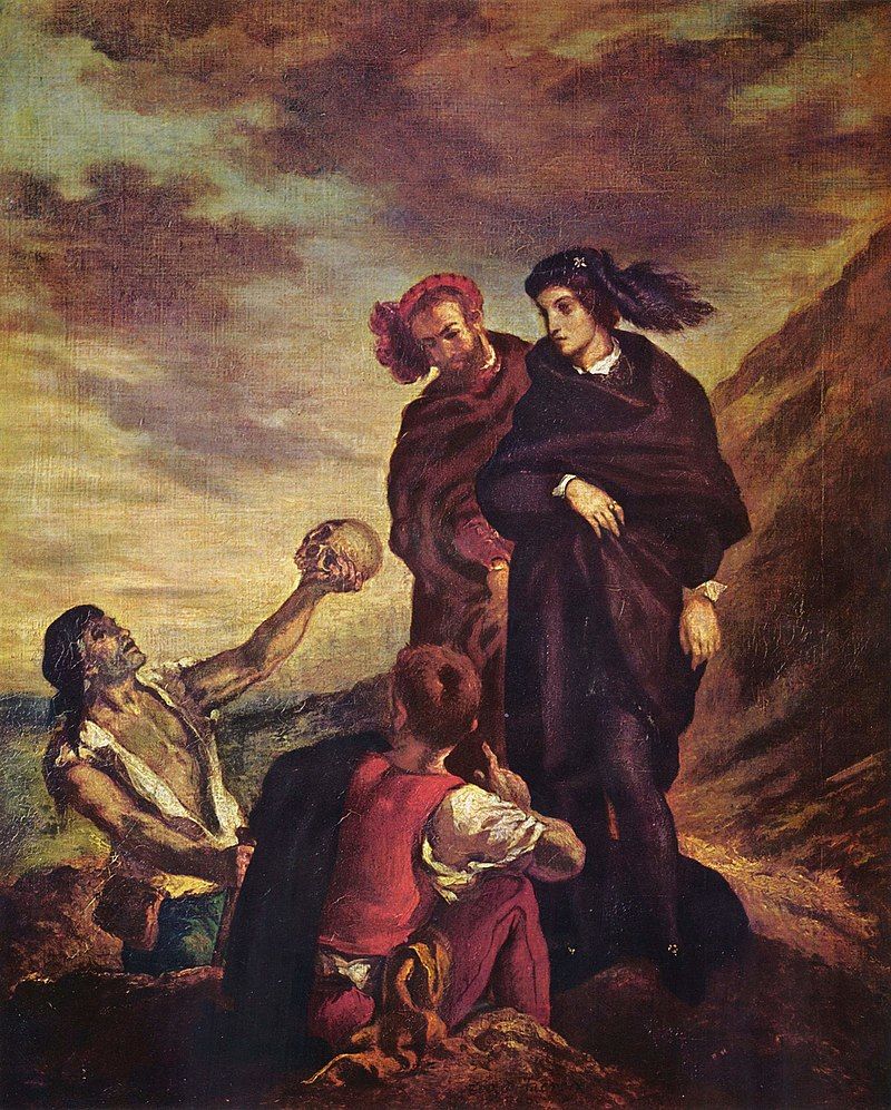 Scene fra Hamlet der en graver graver fram en hodeskalle og viser den fram. Maleri.