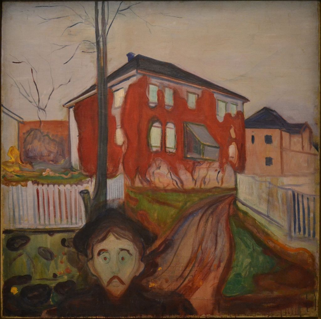 En mann i sort med stirrende øyne ser rett mot deg. Bak er et hus kledd av en kraftig, rød villvin. Maleri.