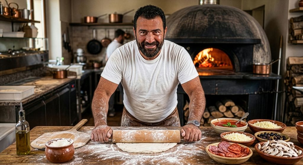 Ein vaksen kraftig mann i kvit t-skjorte kjevlar ut ein deig på ein stor benk. Ved sida av deigen står det fleire skåler med ulike råvarer som blir brukte på pizza. I bakgrunnen er det ein stor, vedfyrt pizzaomn. KI-foto.