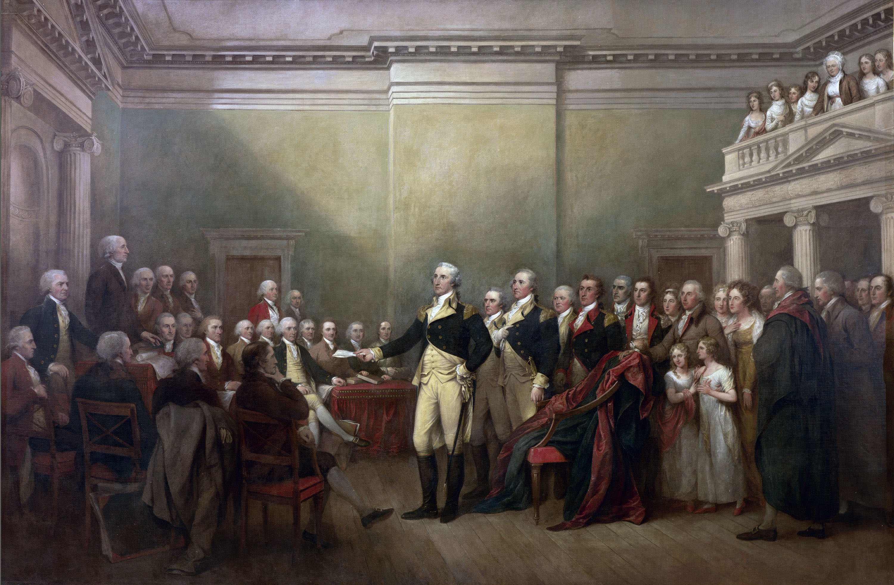 Section from a larger painting. Depiction of George Washington. We see a man in lavish clothes in black and gold. He has white hair. Painting.