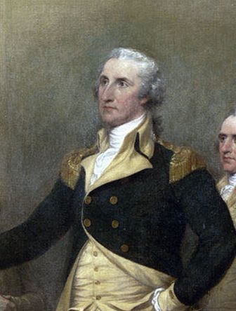 Section from a larger painting. Depiction of George Washington. We see a man in lavish clothes in black and gold. He has white hair. Painting.