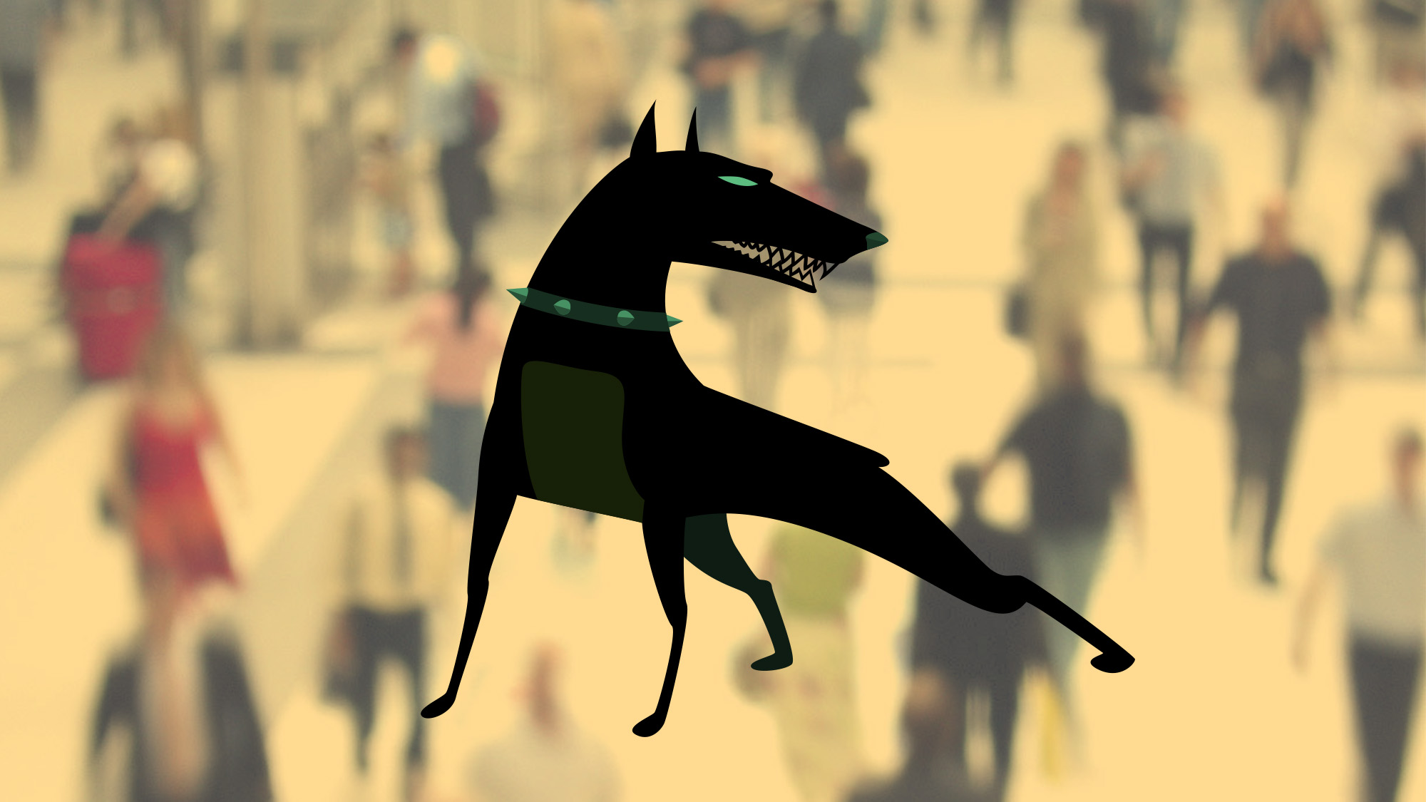 Svart aggressiv vakthund lagt oppå et bakgrunnsbilde som viser en folkemengde. Illustrasjon.