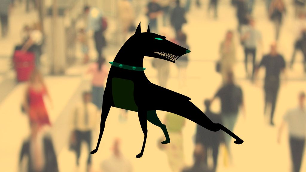Tegning av en svart aggressiv hund lagt oppå et foto av en folkemengde. Illustrasjon.