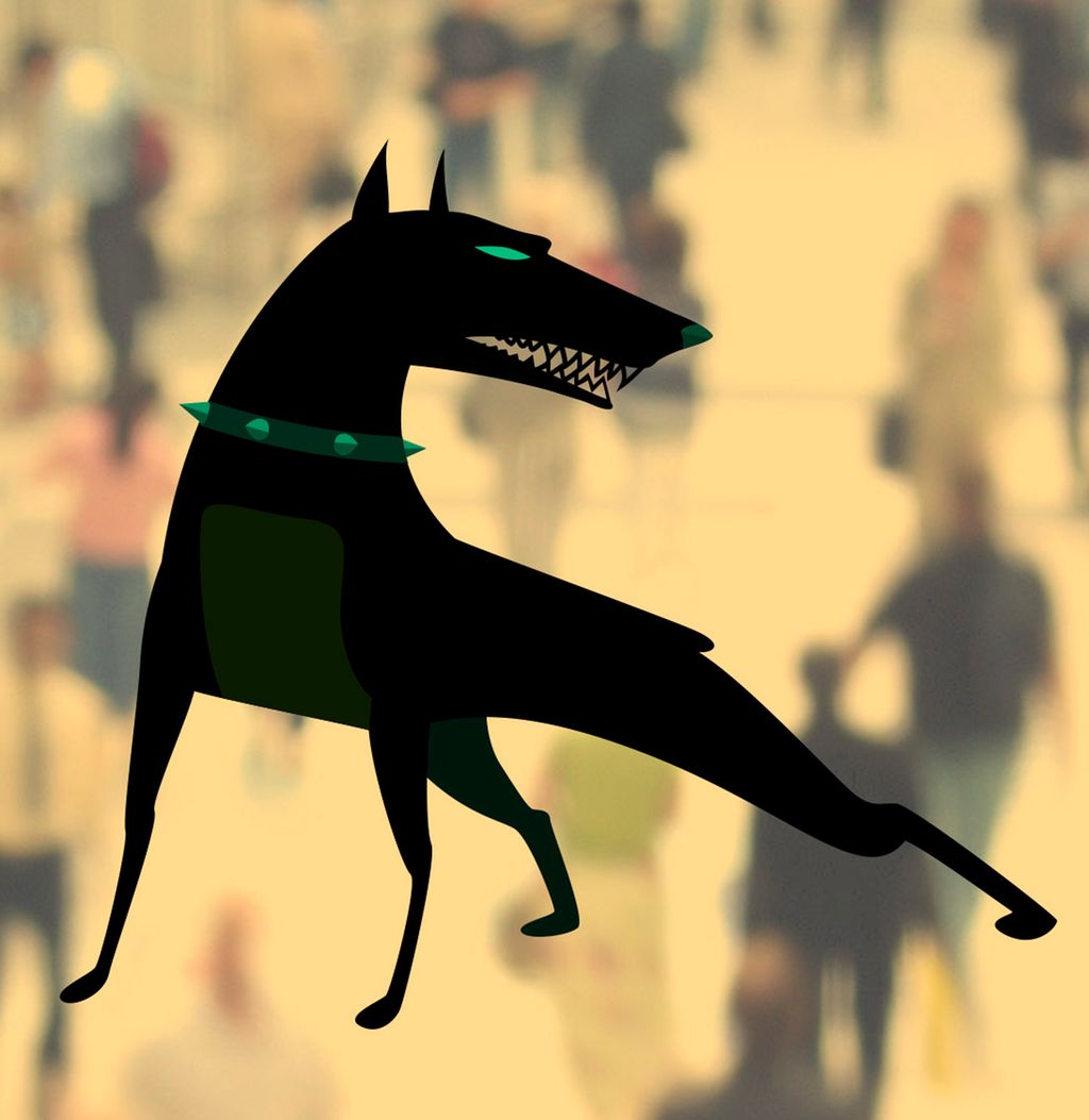 Svart aggressiv vakthund lagt oppå et bakgrunnsbilde som viser en folkemengde. Illustrasjon.