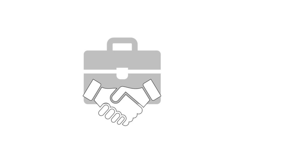 Dette stiliserte symbolet forestiller et håndtrykk foran en stresskoffert og skal bety noe slikt som enighet mellom forretningspartnere. Illustrasjon.