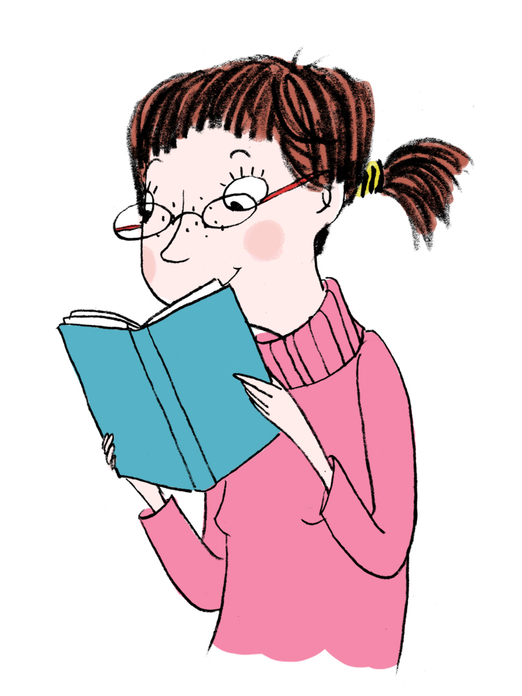 Young girl with glasses and pigtails reading a book. Illustration.