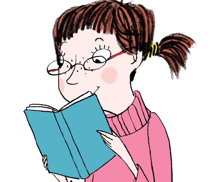 Young girl with glasses and pigtails reading a book. Illustration.