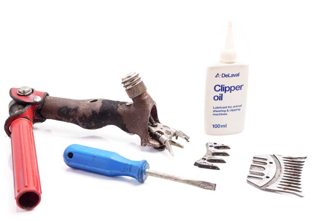 Klippehåndstykke på elektrisk klippemaskin for sau. Delene er tatt fra hverandre. Foran maskinen ligger et skrujern og i bakkant er det ei liten plastflaske med klipperolje. Foto.