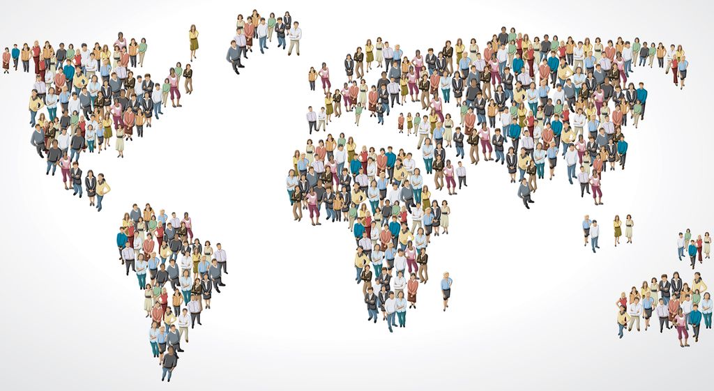 Kart der verdensdelene består at en samling av personer. Illustrasjon.