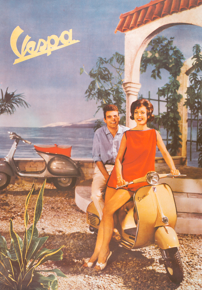 Ei kvinne og ein mann på ein moped av merket Vespa. Reklameplakat.