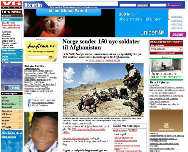 Framsida til VGs nettavis med tekst, bilete, lyd og video. Faksimile.